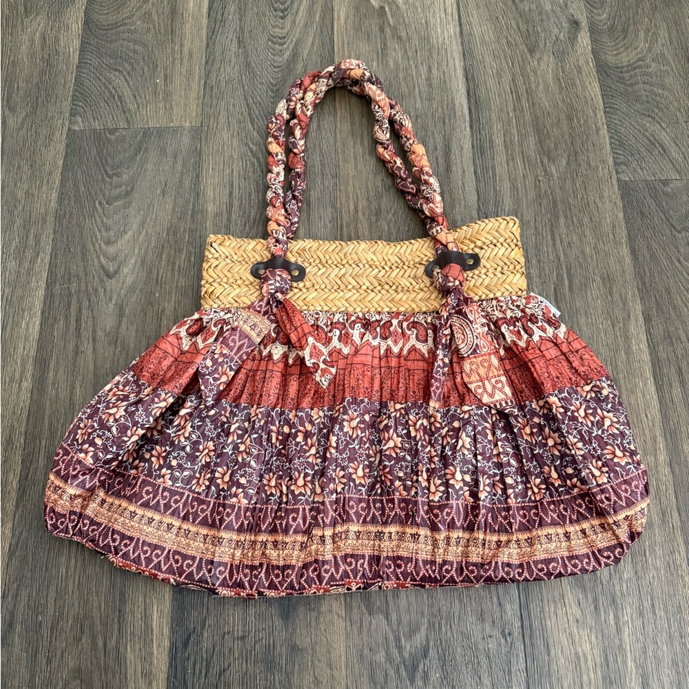 Raffia Woven Bohemian Hippie Brown Multi-Color Scarf  Resort Beach Bag